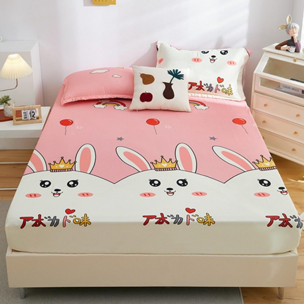 FCLDESHOP Soft Silky Bed Sheet,Kids Bedroom Waterproof Urine-Proof Printed Mattress Protector, Fits 12"/30cm Deep Mattresses,Rabbit,90 * 200cm (35 X 79inch)