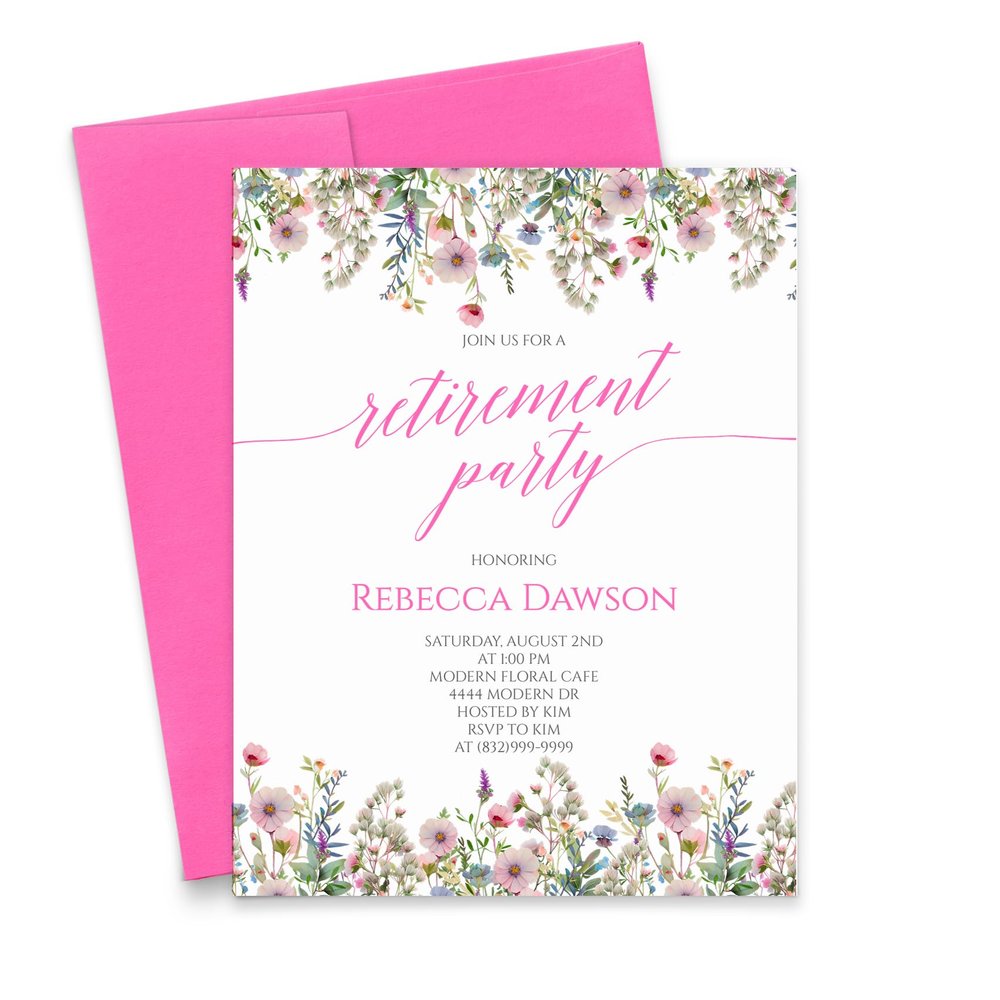Cute Pink and Purple Watercolor Wildflower Retirement Party Invites, Spring Wildflowers Retirement Dinner Invitations with Envelopes for Adults, Your choice of Quantity and Envelope Color