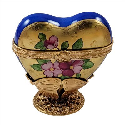 Rochard Blue and Gold Heart on Butterfly Brass Stand Limoges Porcelain - Collectible Figurine