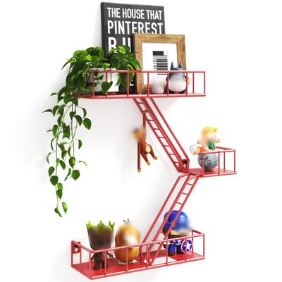 Fire Escape Wall Shelf with Baskets, 3-Tier Metal Fire Escape Ladder Shelf Wall Organizer, New York Inspired Decorative Shelf, Red Floating Action Figurine Display Shelves for Bedroom, Home Dcor.