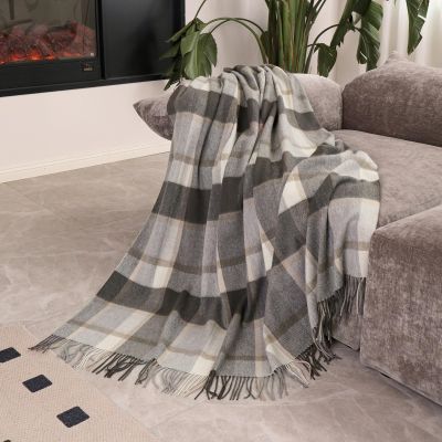 Temminc Woolly Throw Pure Wool Blanket - Large 55x83 inches, 1.5 lbs,Wool Fringed Knee Throw Blanket for Couch Bed Outdoor Travel,Soft Lightweight Breathable Blanket for All Season,Beige Check