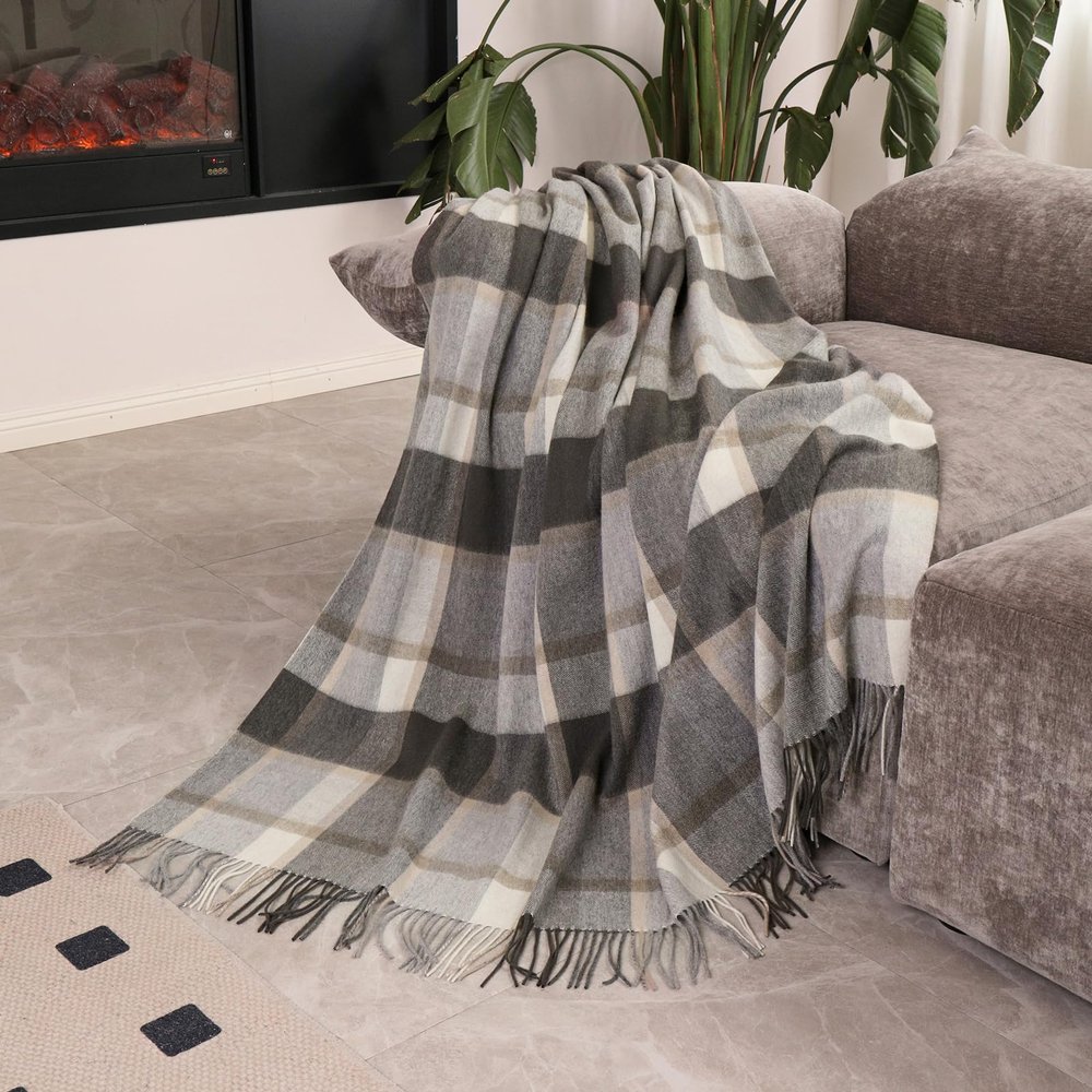 Temminc Woolly Throw Pure Wool Blanket - Large 55x83 inches, 1.5 lbs,Wool Fringed Knee Throw Blanket for Couch Bed Outdoor Travel,Soft Lightweight Breathable Blanket for All Season,Beige Check