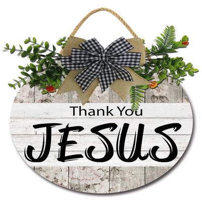 Sokomurg Christian Bible Verses Wall Art Thank You Jesus Wall Decor 12x12 Inch Round Wooden Wreath Hanging Sign Front Porch Decor Housewarming Gift for Home Outdoor Indoor