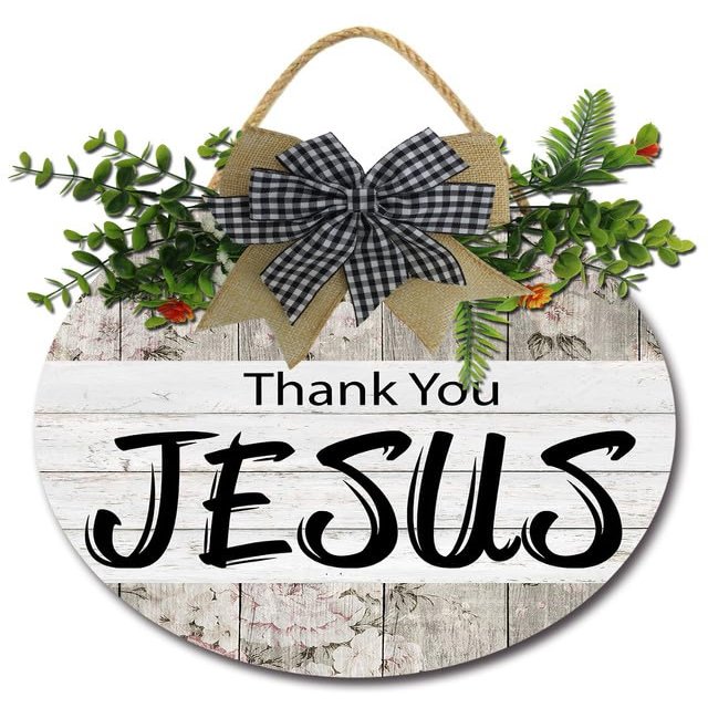 Sokomurg Christian Bible Verses Wall Art Thank You Jesus Wall Decor 12x12 Inch Round Wooden Wreath Hanging Sign Front Porch Decor Housewarming Gift for Home Outdoor Indoor