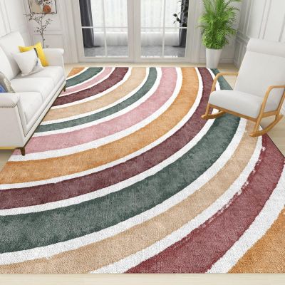 Abstract Morandi Color Stripe Area Rug, Nordic Abstract Rainbow Print Carpet, Indoor Non-Slip Kids Rugs, Machine Washable Breathable Durable Carpet for Front Entrance Floor Decor,4 x 6ft
