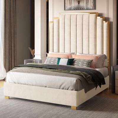 Albott King Size Platform Bed Frame, 65" Velvet Upholstered Bed with Gold Trim Headboard/Wooden Slats/No Box Spring Needed/Cream
