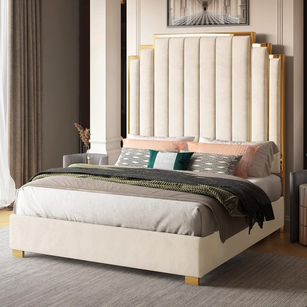Albott King Size Platform Bed Frame, 65" Velvet Upholstered Bed with Gold Trim Headboard/Wooden Slats/No Box Spring Needed/Cream