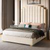 Albott King Size Platform Bed Frame, 65" Velvet Upholstered Bed with Gold Trim Headboard/Wooden Slats/No Box Spring Needed/Cream view 1