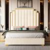 Albott King Size Platform Bed Frame, 65" Velvet Upholstered Bed with Gold Trim Headboard/Wooden Slats/No Box Spring Needed/Cream view 3