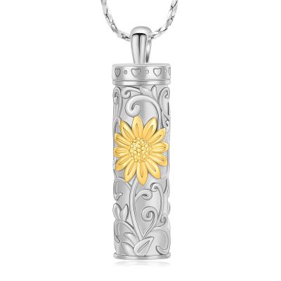 Imrsanl Cylinder Cremation Urn Necklace for Ashes Sunflower Urn Ashes Necklace Pendant for Men Women Memorial Ash Jewelry for Loved Ones (Gold)
