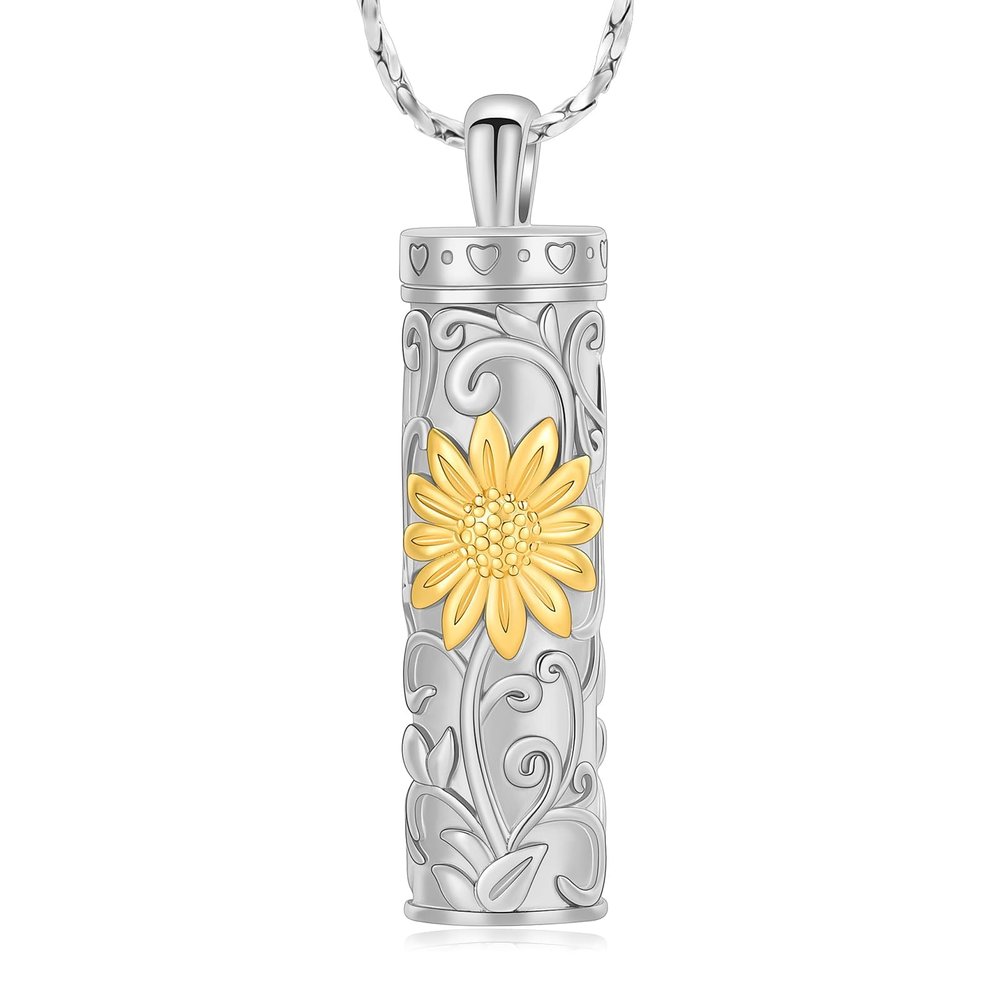 Imrsanl Cylinder Cremation Urn Necklace for Ashes Sunflower Urn Ashes Necklace Pendant for Men Women Memorial Ash Jewelry for Loved Ones (Gold)