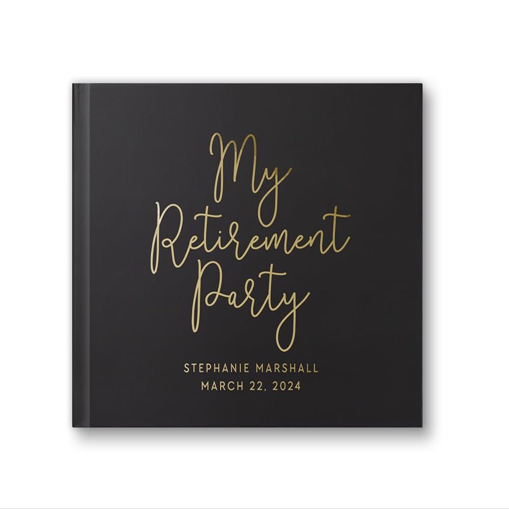 Retirement Book for Retirement Party, Custom Photo Album Well Wishes Book for Leaving Party - Black Gold (9x6)