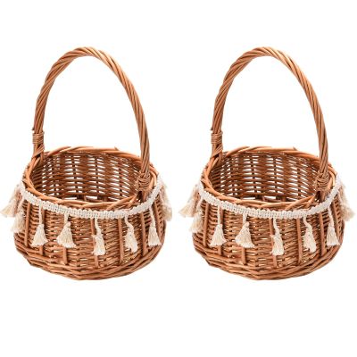 Small Wicker Rattan Flower Girl Basket Wedding Flower Basketwith Tassel Straw Basket Woven Storage Basket for Wedding Birthday Party Decor(S/2PCS)