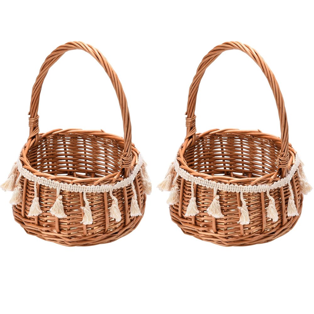 Small Wicker Rattan Flower Girl Basket Wedding Flower Basketwith Tassel Straw Basket Woven Storage Basket for Wedding Birthday Party Decor(S/2PCS)