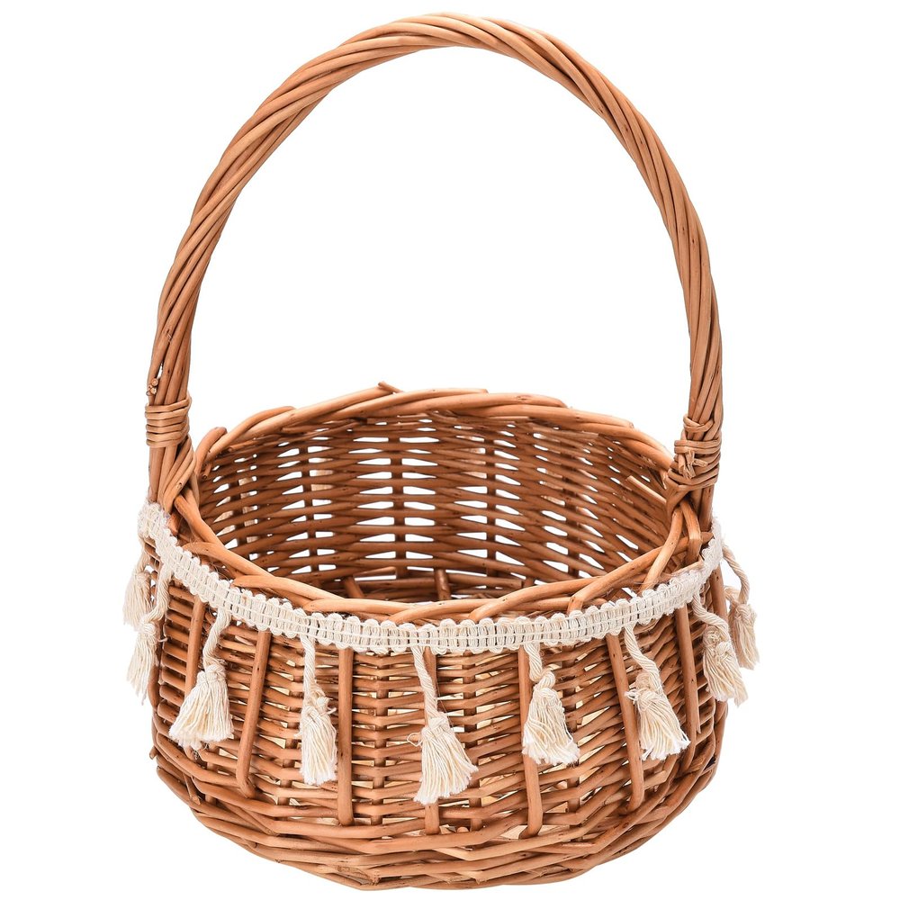 Small Wicker Rattan Flower Girl Basket Wedding Flower Basketwith Tassel Straw Basket Woven Storage Basket for Wedding Birthday Party Decor(L)