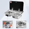 Camping RV Stove Sink Cooktop Combo,Outdoor Stainless Sink RV Kitchen Sink Stove Combo, RV Sink Gas Stove Burner Boat Caravan Camper Sink Stove, LPG Gas Stove Hob & Sink w/Tempered Glass Lid Cover view 2