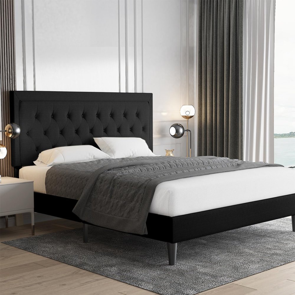 Allewie Queen Size Upholstered Platform Bed Frame with Adjustable Headboard, Button Tufted, Wood Slat Support, Easy Assembly, Black