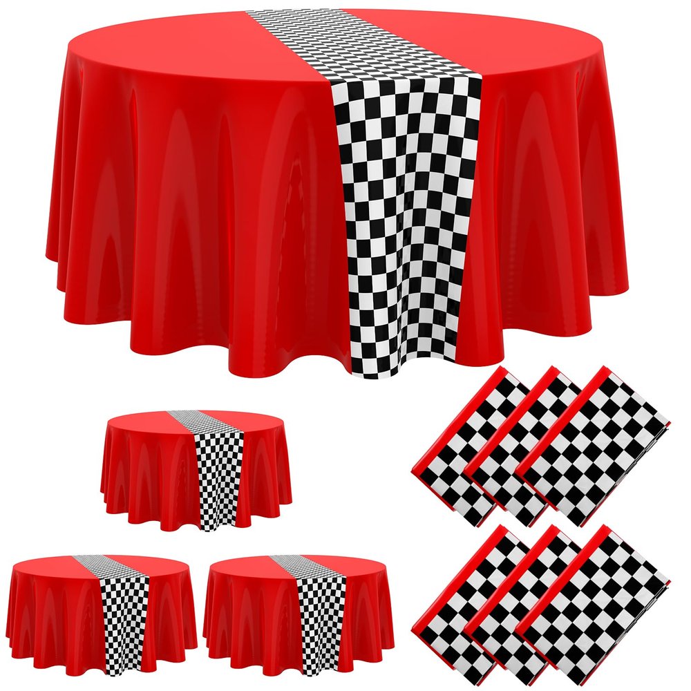 Oudain Plastic Racing Tablecloth, Round, Red, 6 Pcs, 84 inches