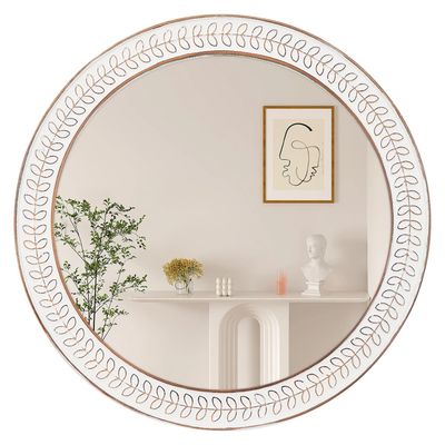 26 inch Round Mirrors for Wall Wood Circle Mirror with Carved Frame Rustic Accent Distressed Decorative for Living Room Bedroom Vanity Entryway Hallway Bathroom - White