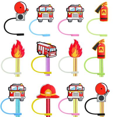 12pcs Fire Truck Themed Reusable Food Grade Silicone Straw Sleeve Caps, Suitable for Party Favor Bags,Birthday Party,Fire Truck Party Favor,Dustproof Soft Straw Covers for 7-8mm Straws