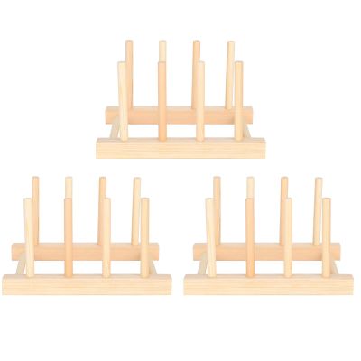 QANYEGN 3 Set Bamboo Wooden Dish Rack, Plate Display Wooden Rack, Utensil Drying Rack, Plate Rack Stand Pot Lid Holder for Organize Dishes, Cuing Boards, Books, etc