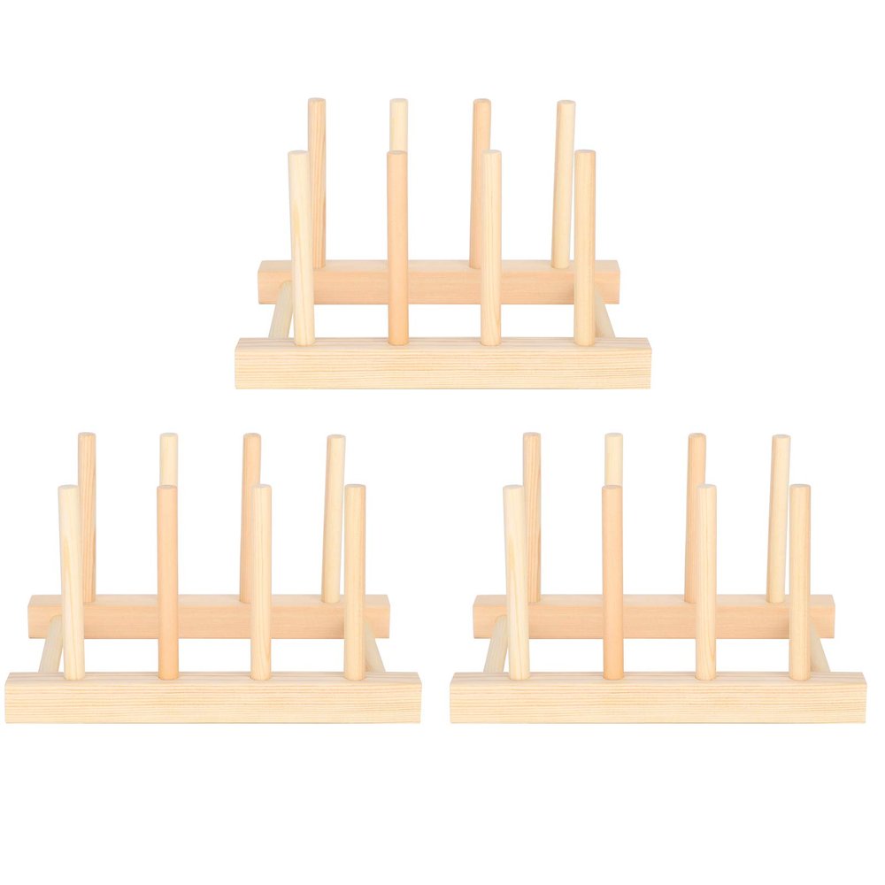 QANYEGN 3 Set Bamboo Wooden Dish Rack, Plate Display Wooden Rack, Utensil Drying Rack, Plate Rack Stand Pot Lid Holder for Organize Dishes, Cuing Boards, Books, etc