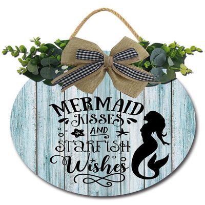 Sokomurg Mermaid Kisses and Starfish Wishes Sign Funny Wreaths Hanging Wooden Plaque Decoration Round Rustic Wood Farmhouse Porch Decor for Home Front Door Decor 11x11 Inches