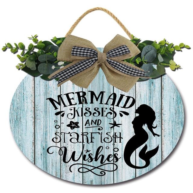 Sokomurg Mermaid Kisses and Starfish Wishes Sign Funny Wreaths Hanging Wooden Plaque Decoration Round Rustic Wood Farmhouse Porch Decor for Home Front Door Decor 11x11 Inches
