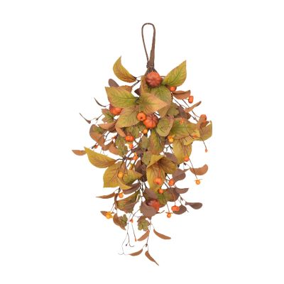 19.7inch Fall Harvest Teardrop Swag, Wall Hanging Autumn Wreath with Pumpkin Maple Leaf Berries, Fall Harvest Teardrop Swag Wall Hanging Autumn Wreath for Indoor Outdoor Christmas Halloween Decor(A2)