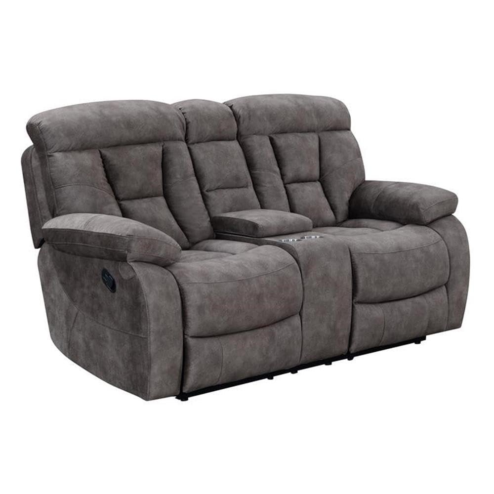 BOWERY HILL Transitional Mushroom Recliner Console Loveseat in Gray