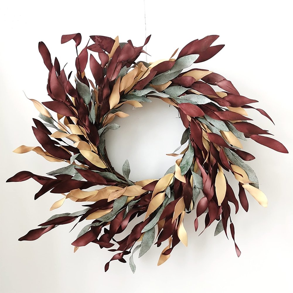 23" Burgundy, Tan and Green Leafy Wreath
