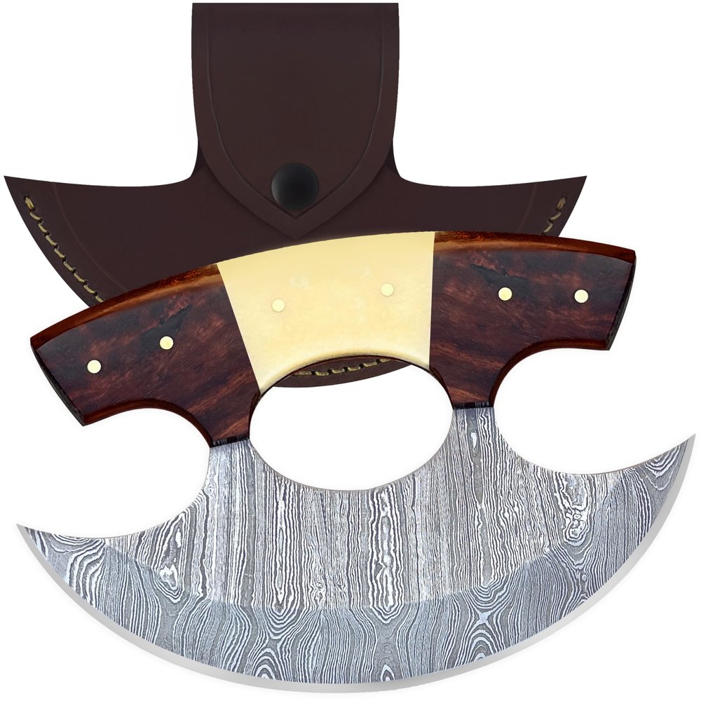 HUNTLUX Damascus Steel Alaskan Ulu with Sheath, 6" Rocker Pizza Cutter & Mezzaluna Chopper, Authentic Inuit Eskimo Design, Non-Slip Handle