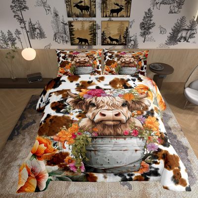 Highland Cattle Cup Comforter Set for Kids Adults,Retro Cow Skin Farmhouse Animal Soft Bedding Comforter Sets Queen,Watercolor Wild Flowers Rustic Style Quilt Comforter with 2 Pillowcases