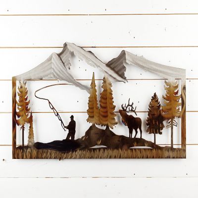 Elk and Fisherman Steel Home Decor Metal Wall Art Welcome Sign