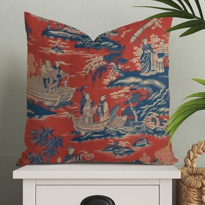 MangGou Royal Dynasty Red Navy Toile Euro Sham Pillow Covers Chinoiserie Style Pillow Case Asian Throw Pillow Cushion Cover 26x26in Farmhouse Pillowcase Home Decor for Couch Sofa Bed Car