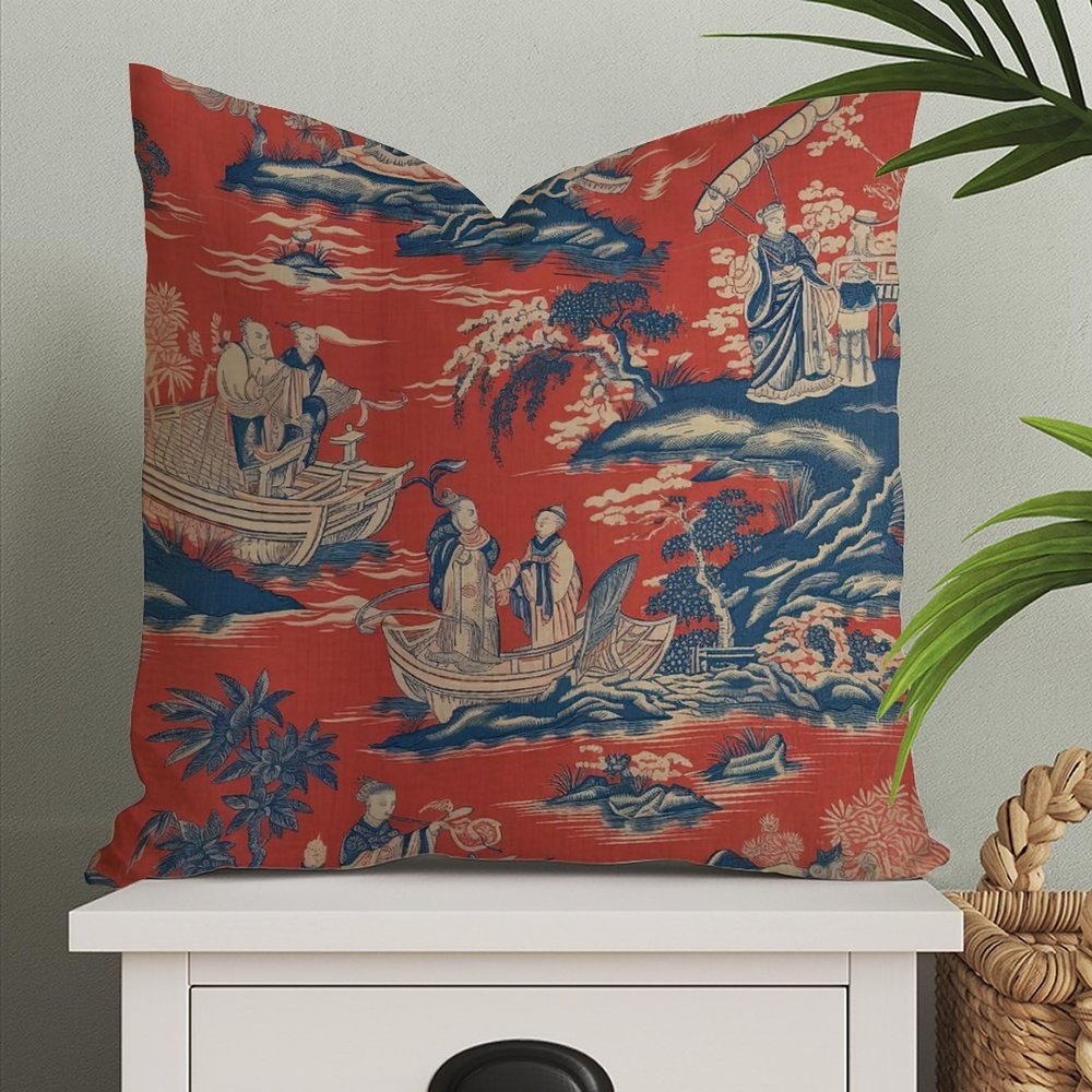 MangGou Royal Dynasty Red Navy Toile Euro Sham Pillow Covers Chinoiserie Style Pillow Case Asian Throw Pillow Cushion Cover 26x26in Farmhouse Pillowcase Home Decor for Couch Sofa Bed Car