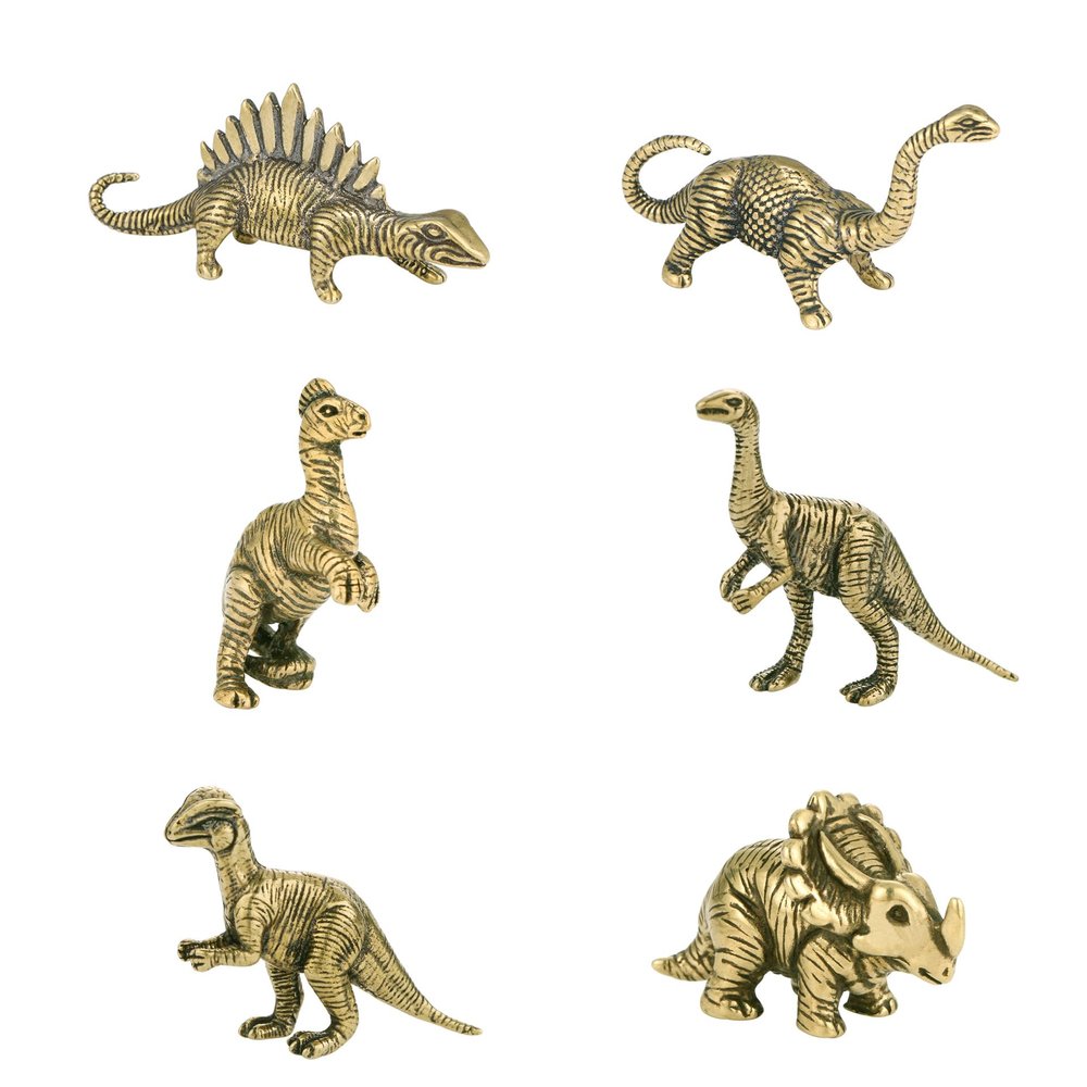 6Pcs Set Brass Jurassic Dinosaur Model Miniature Figurines,Stegosaurus Diplodocus Monocolonus Velociraptor Diplodocus Triceratops Statue Sculpture Home Desktop Sand Table Car Decor Study Paperweight
