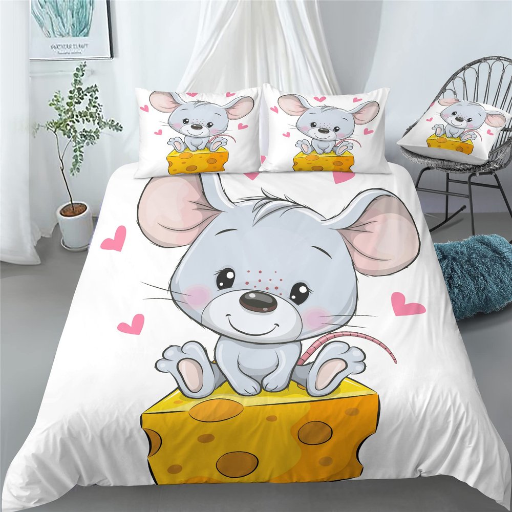 REALIN Rats Animal Print Duvet Cover Set Cute Mice Stamp Bedding Girl Boy Kids Bed Sets 2/3/4PCS Quilt Covers/Sheets/Pillow Shams,Twin/Full/Queen/King (C,Queen-228x228cm-4PCS)
