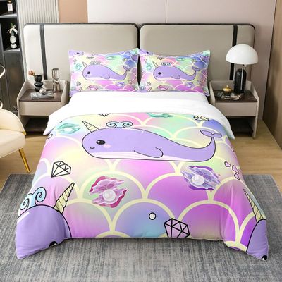 Mermaid Whale 100% Cotton Duvet Cover Twin, Kids Purple Unicorn Whale Comforter Cover, Girls Rainbow Fish Scale Quilt Cover, Cute Marine Life Bedding Set, Seashell Diamond Pattern Bedspread Cover