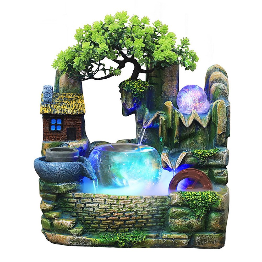 Fountain,Rockery Waterfall Fountain,Desktop Mini Rockery Crafts Gift,Atomizing Humidifier Fountain,Indoor Fountain Rock Garden Aquarium,Desktop Bonsai Ornaments,Decoration Resin Craft.