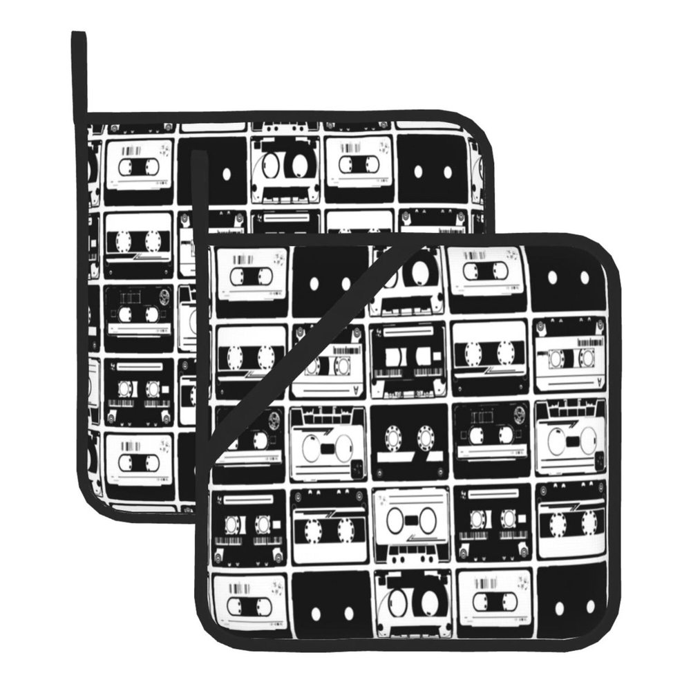2 Pack Graffiti Retro Tapes Pot Holders with Hanging Loops Hand Pockets,Heat Resistant, Kitchen Essential, Vintage Potholder Set for Kitchen Baking Chef Barbeque,Square,8x8 Inch