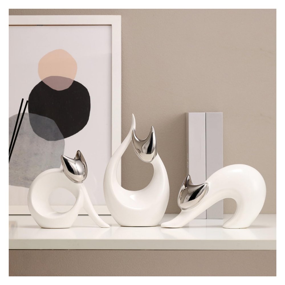 AOPPLSOT Cat Deco Statue, Modern Abstract Art Sculptures,Cat Sculpture for Decoration Living Room, Office, Bedroom, Ceramic,Lucky Cat,Silver Set