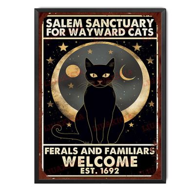 Tin Plaque Salem Sanctuary For Wayward Cats Ferals And Familiars Wall Decor for Home Gate Garden Bars Restaurants Cafes Office Store Pubs Club Sign Gift 12x16inch-Metal Framed Tin Painting