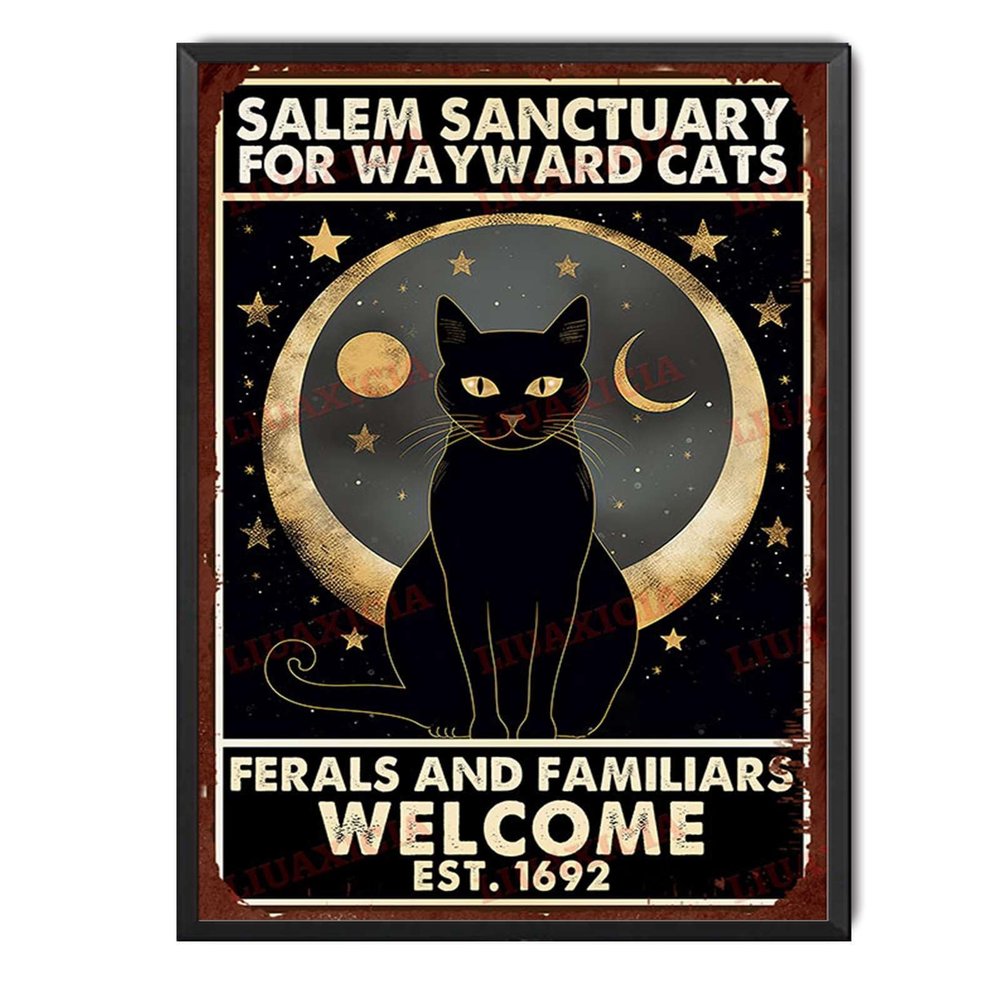 Tin Plaque Salem Sanctuary For Wayward Cats Ferals And Familiars Wall Decor for Home Gate Garden Bars Restaurants Cafes Office Store Pubs Club Sign Gift 12x16inch-Metal Framed Tin Painting