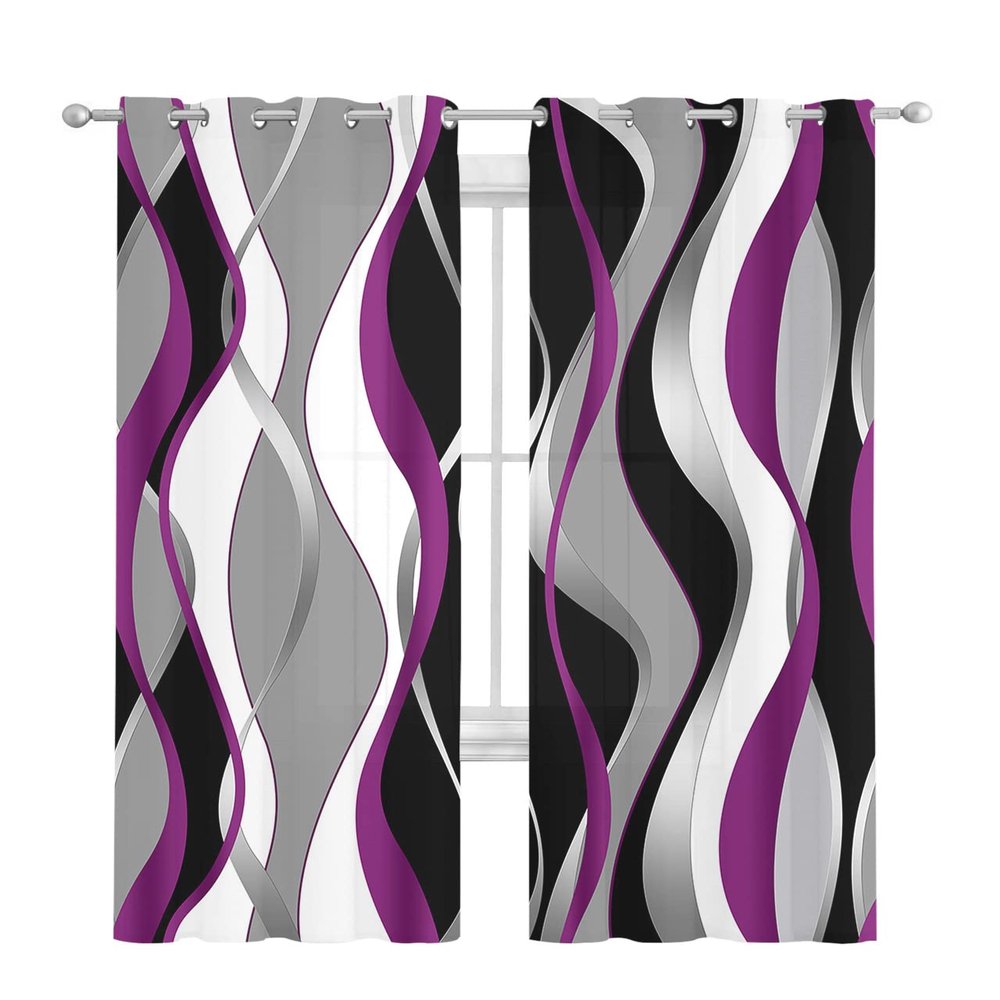 Abstract Purple Sheer Curtains 39 Inch Length 2 Panels Set Curtain Drapes for Kitchen,Bedroom,Living Room,Hallway,Sliding Door,Bathroom Window Panel,Black Grey White Modern Abstract Stripes 55x39