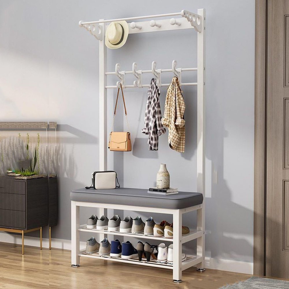 ELZEM Entryway Coat Rack Shoe Bench 3 in 1 Hall Tree Storage Bench, Industrial Coat Tree with Coat Rack for Hallway Bedroom, Metal Shoe and Coat Rack with Shelf and Hooks White,60