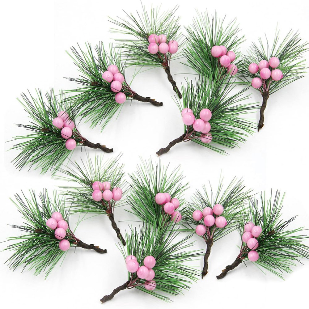 TITA-DONG 12Pcs Artificial Christmas Mini Pine Picks, Simulation Christmas Wreath Picks with Fake Red Berries, Bouquets Garland Wreath Arrangements Crafts(#6)