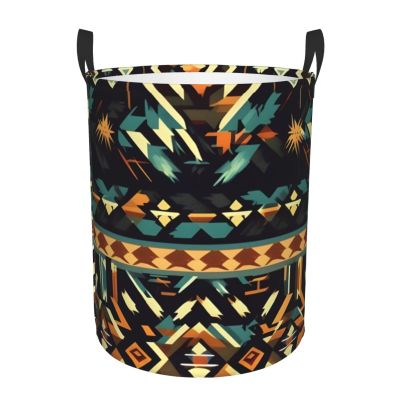 Native American Patterns Print Circular Protable Storage Bin,Basket For Laundry Hamper With Handles Bedroom Clothes