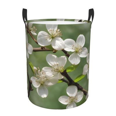 Spring Dogwood Blossoms Print Circular Protable Storage Bin,Basket For Laundry Hamper With Handles Bedroom Clothes