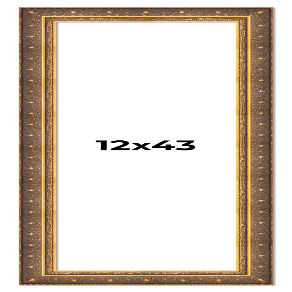 12x43 Frame Vintage Gold Solid Wood Picture Frame | 2.5 Inch Moulding Width | Ornate Bronze Museo Picture Frame Complete with UV Acrylic Plexiglass, Foam Board Backing & Hanging Hardware